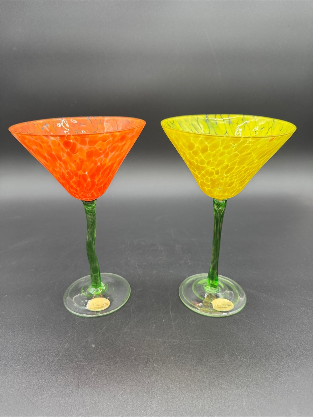 Nouveau Handblown Yellow Orange Art Glass Martini Glasses Green Stems Vintage